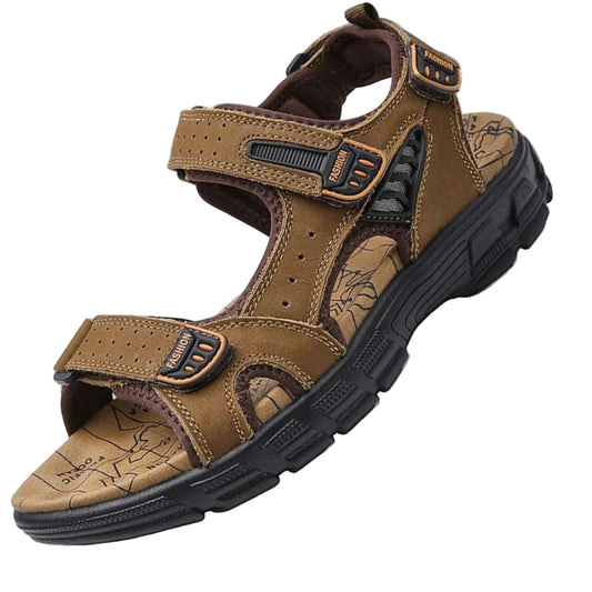 Brown sandal with black sole on a white background