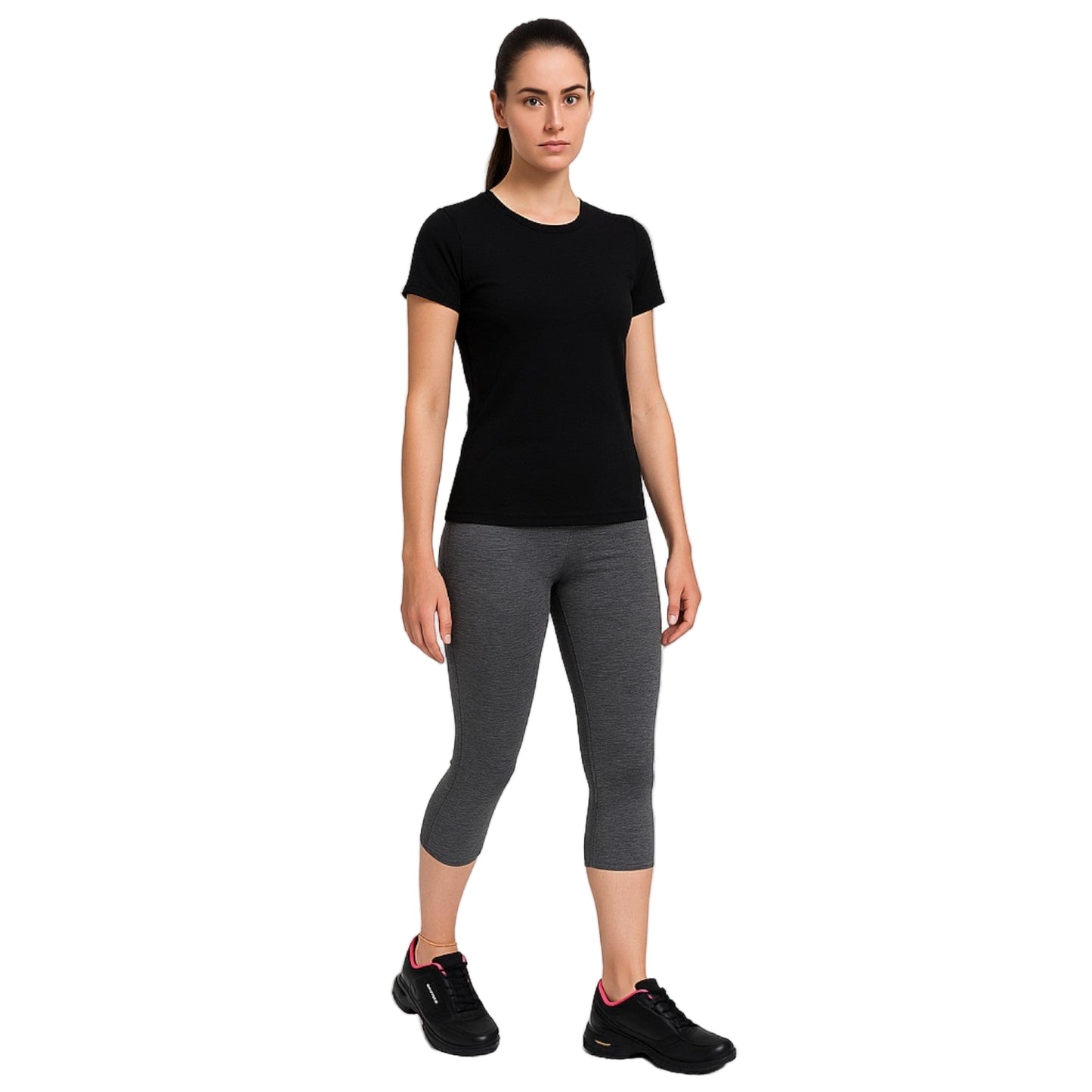 Woman wearing a black t-shirt and gray leggings on a white background
