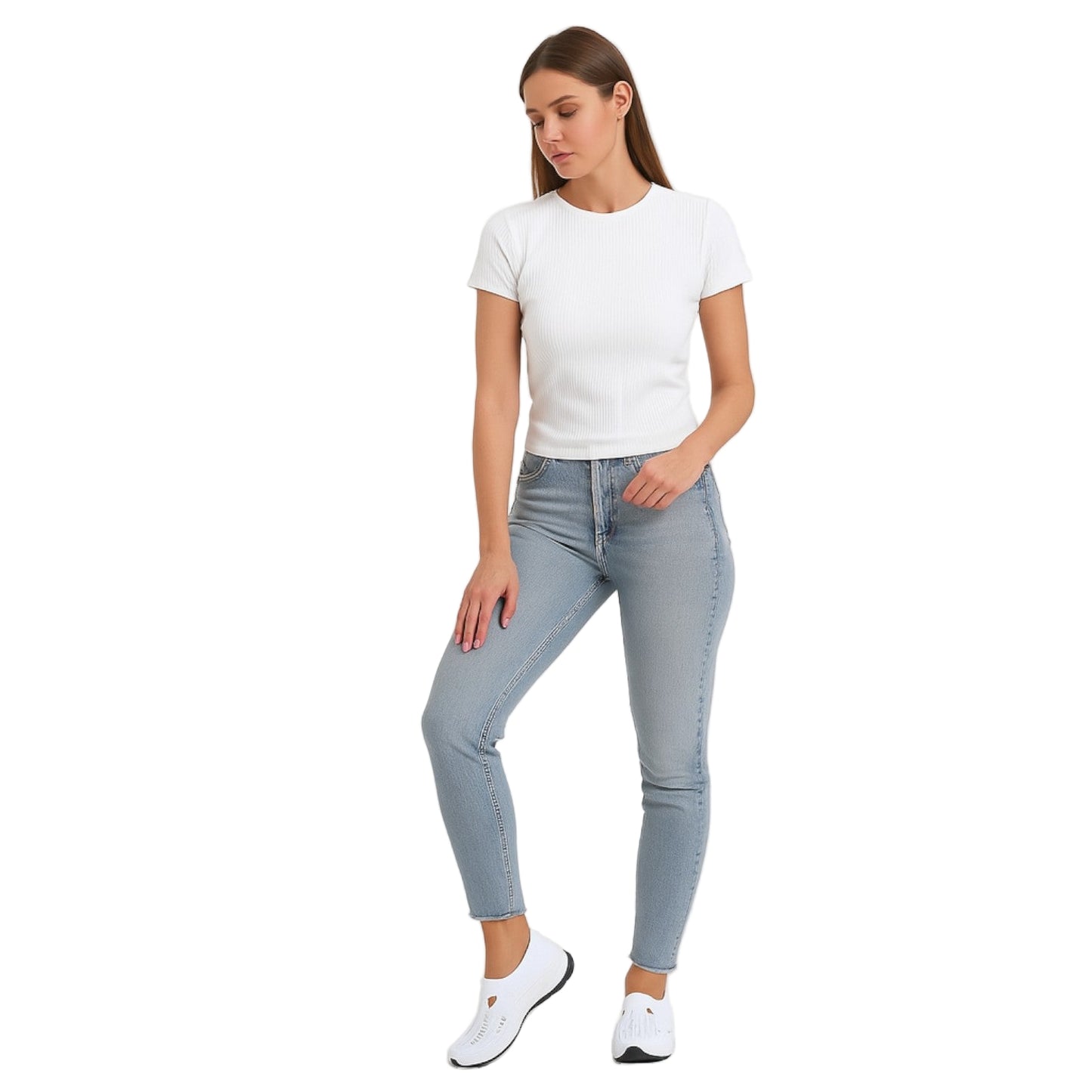 Woman wearing light blue jeans and a white t-shirt on a white background