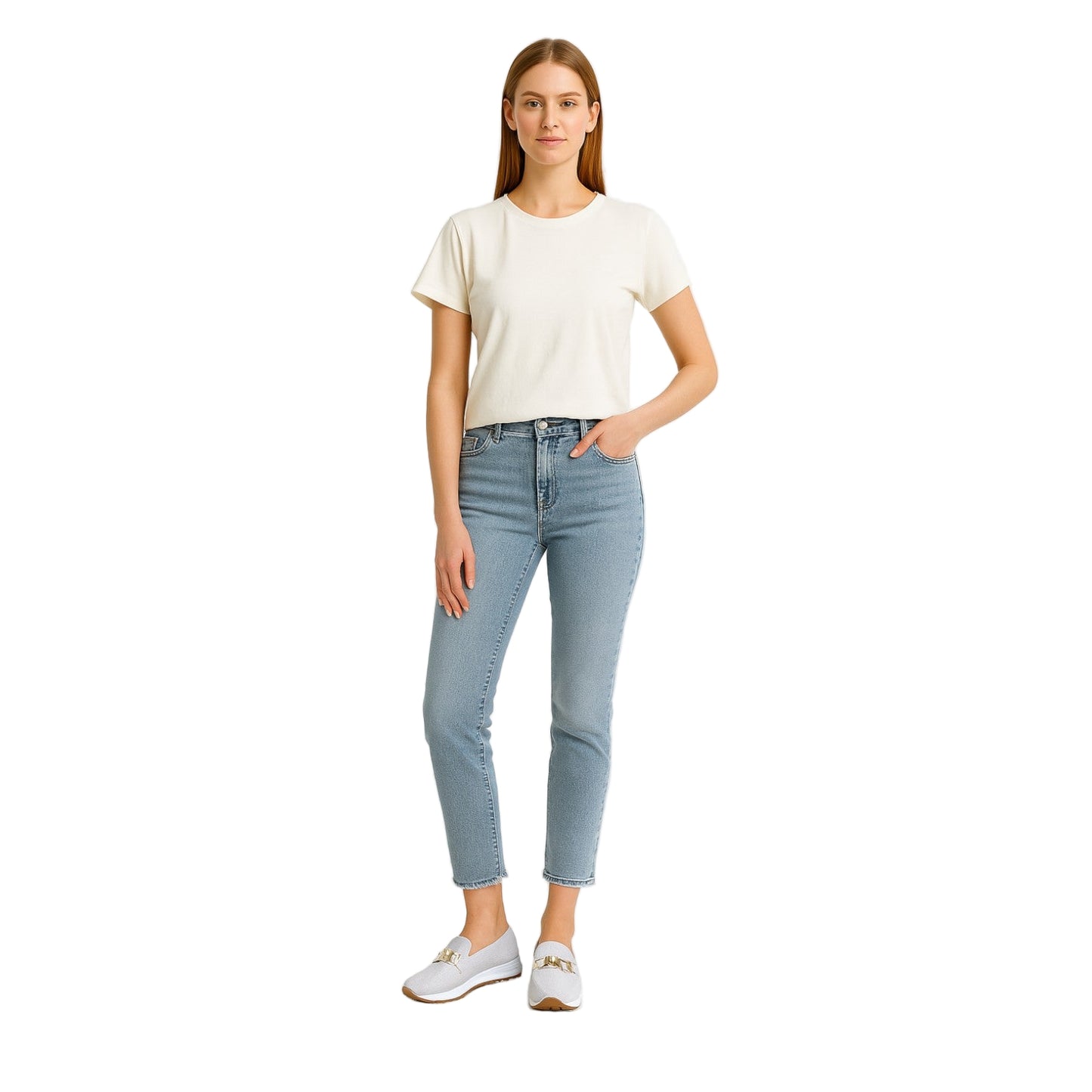 Woman wearing light blue jeans and a white t-shirt on a white background