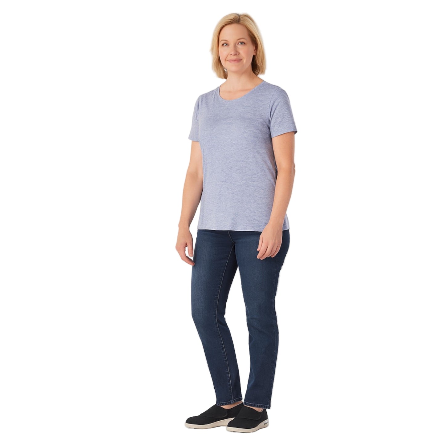 Woman wearing a light blue t-shirt and dark blue jeans on a white background