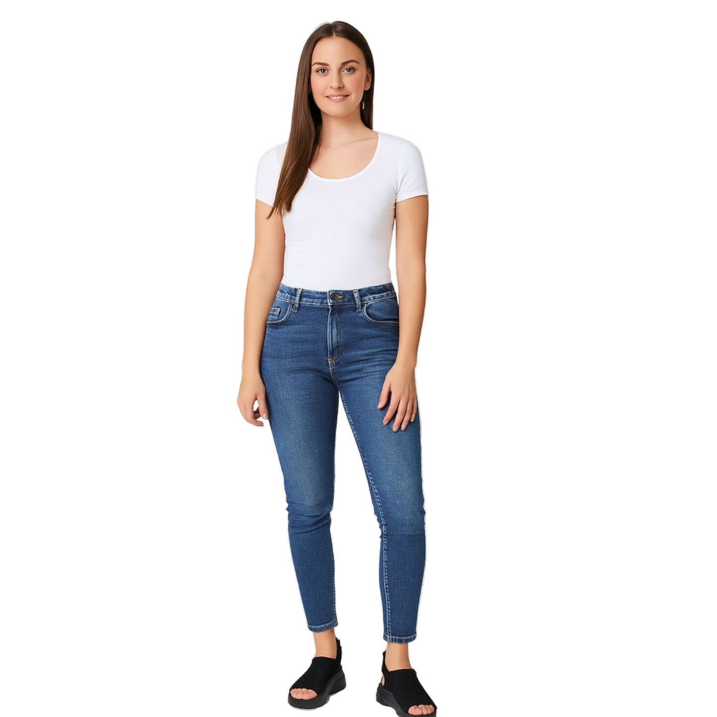 Woman wearing blue jeans and a white top on a white background