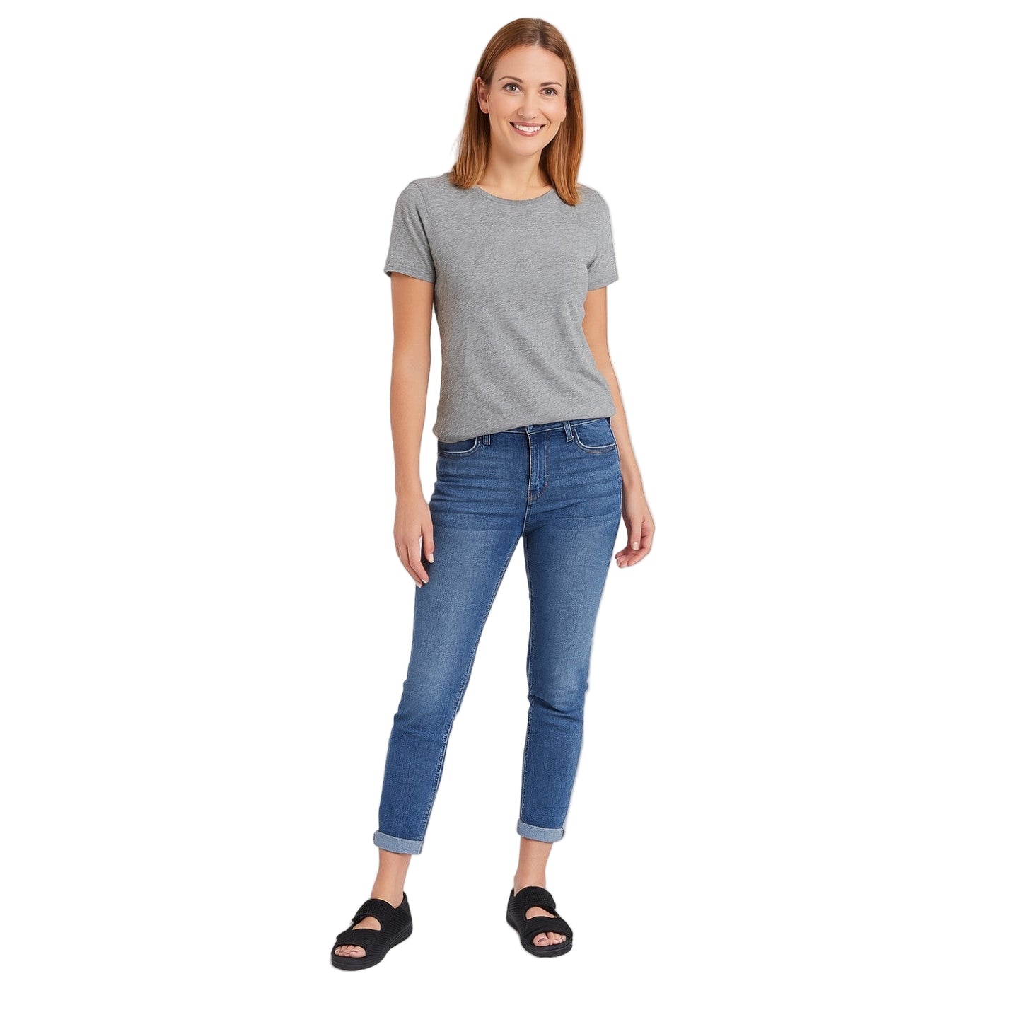 Woman wearing a gray t-shirt and blue jeans on a white background