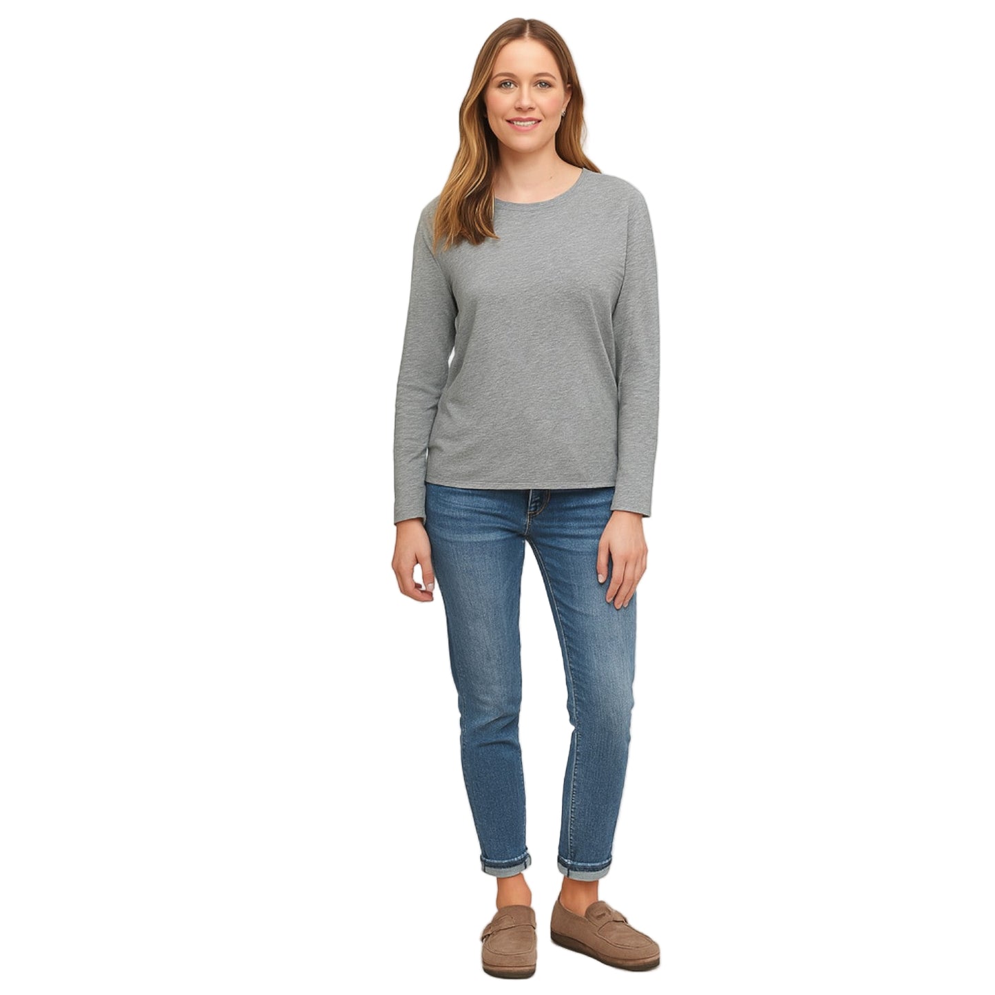 Woman wearing a gray long-sleeve top and blue jeans on a white background