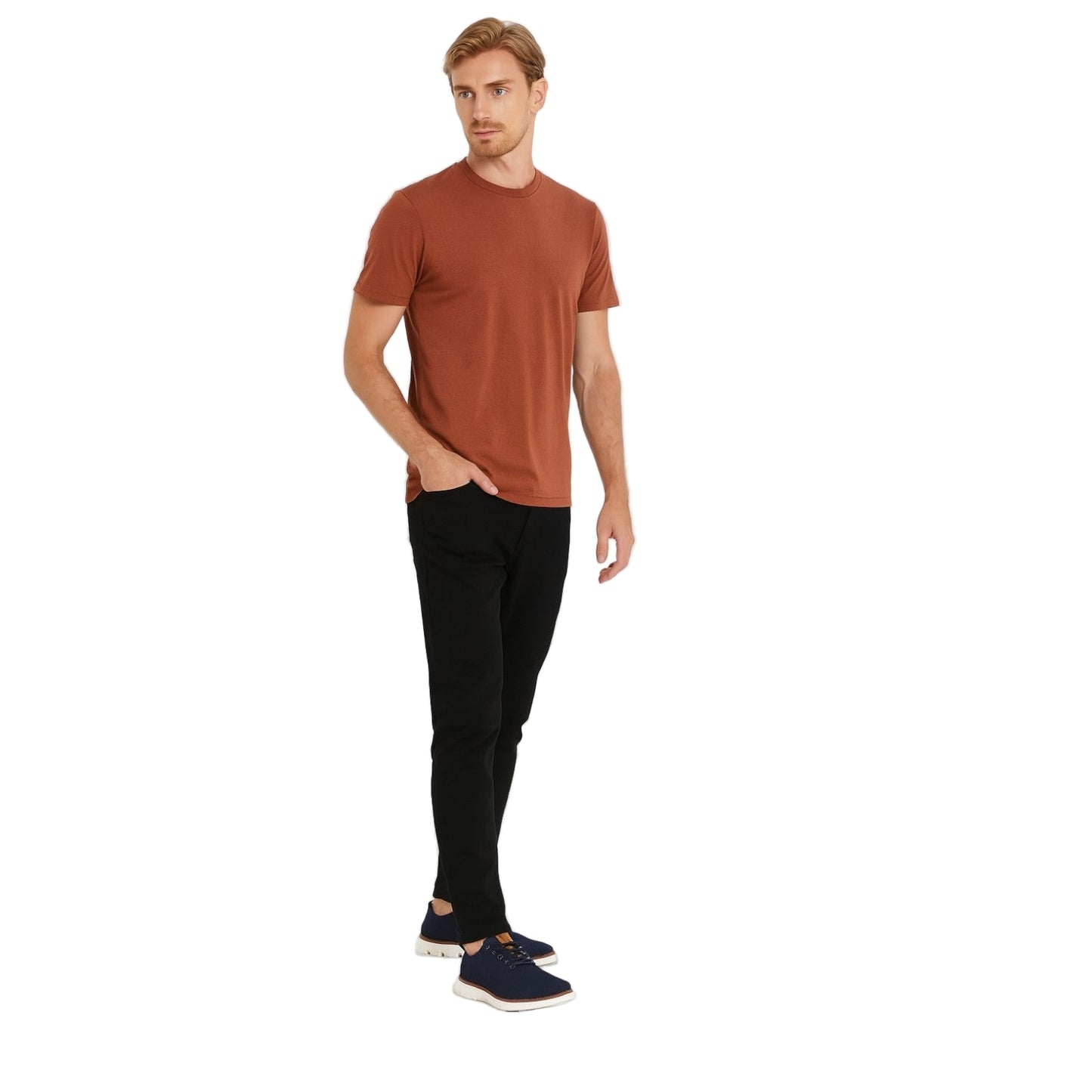 Man wearing a brown t-shirt and black pants on a white background