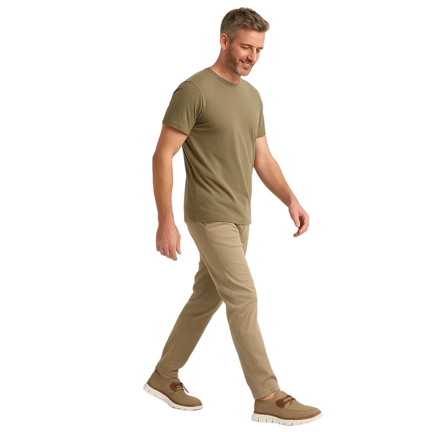 Man wearing a green t-shirt and beige pants on a white background