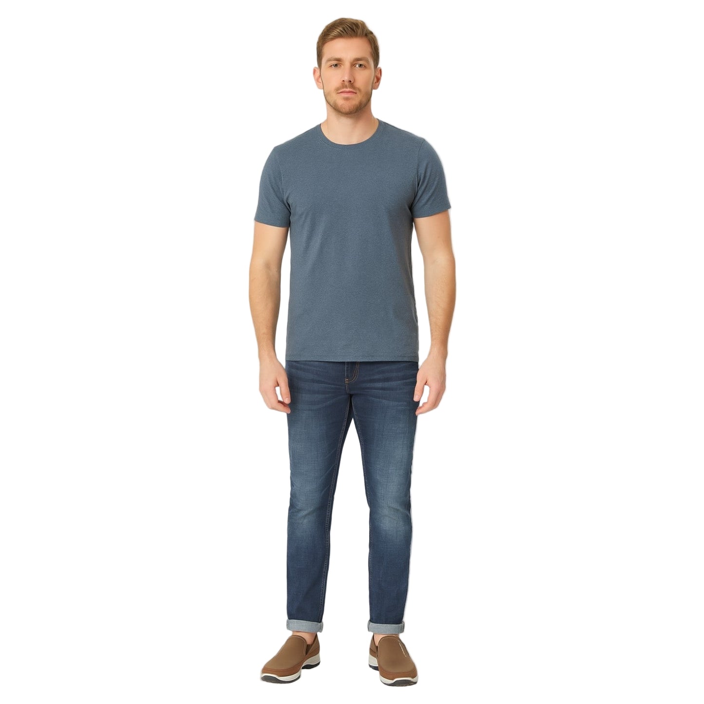Man wearing a blue t-shirt and jeans on a white background