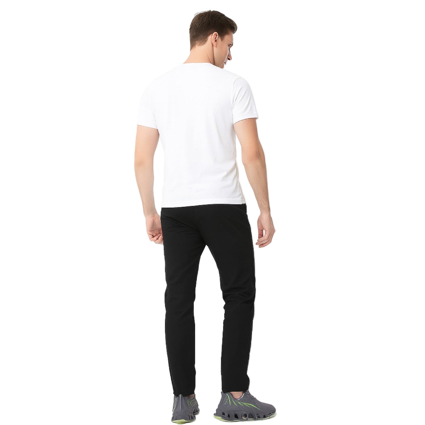 Man wearing a white t-shirt and black pants on a white background