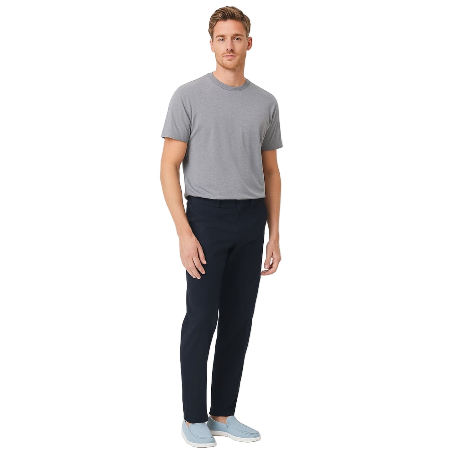 Man wearing a gray t-shirt and navy pants on a white background
