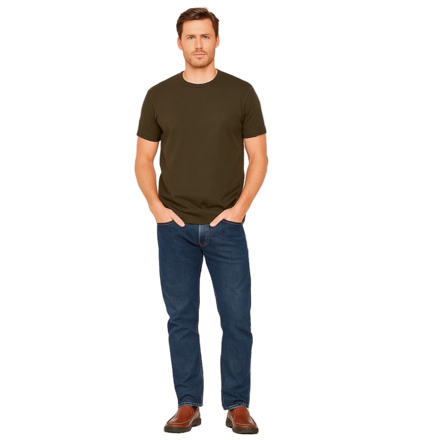 Man wearing a brown t-shirt and blue jeans on a white background