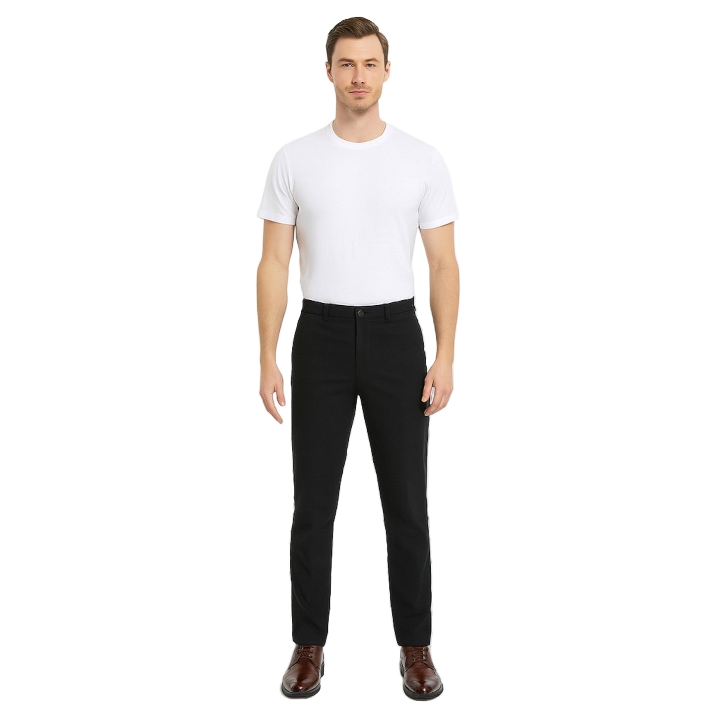 Man wearing a white t-shirt and black pants on a white background