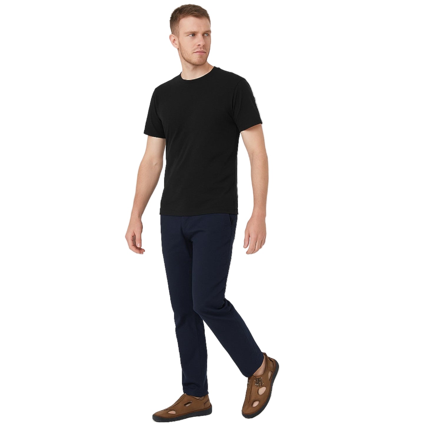 Man wearing a black t-shirt and navy pants on a white background