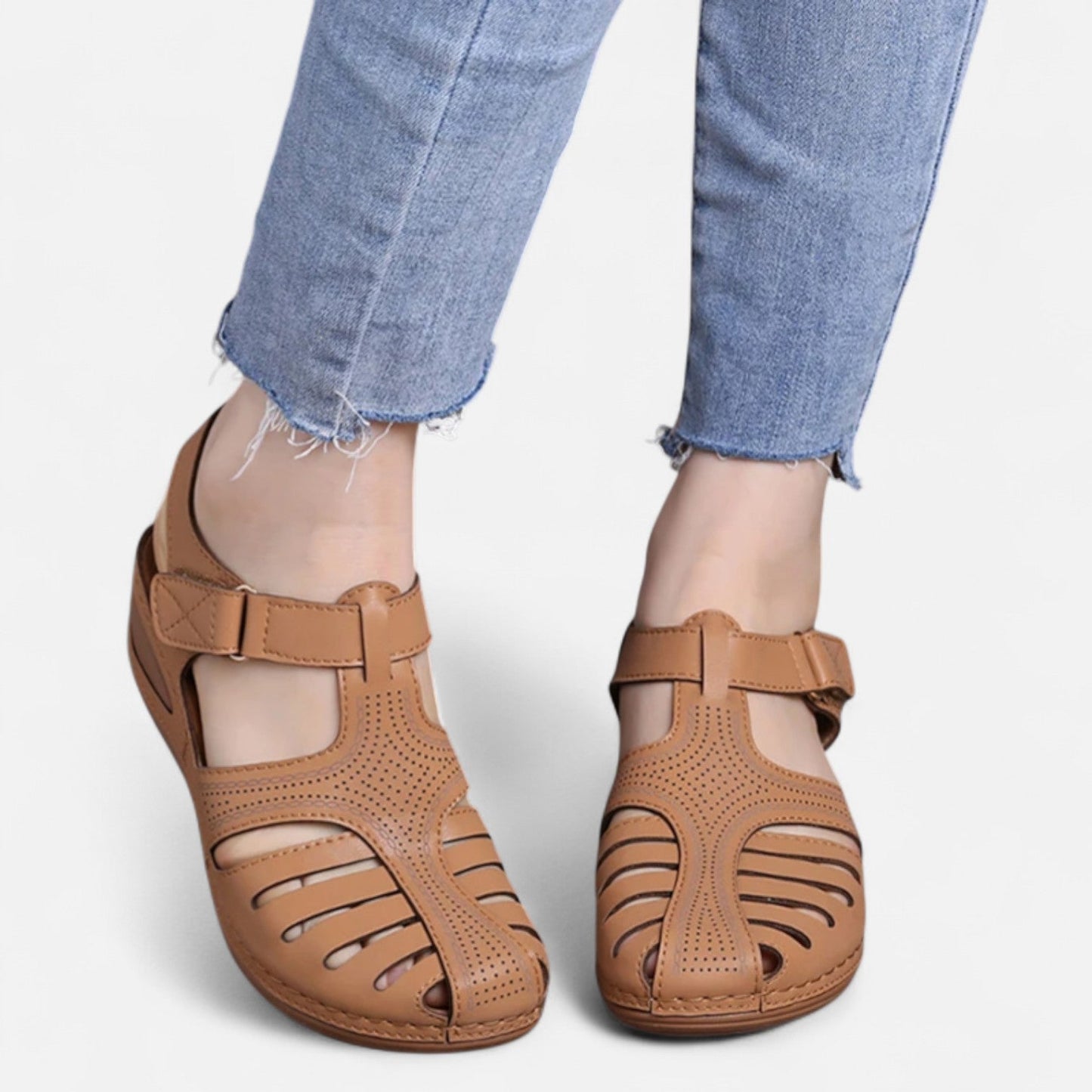 AlignFeet | Women’s Leather Cutout Sandals – Cushioned Wedge, Everyday Breathability